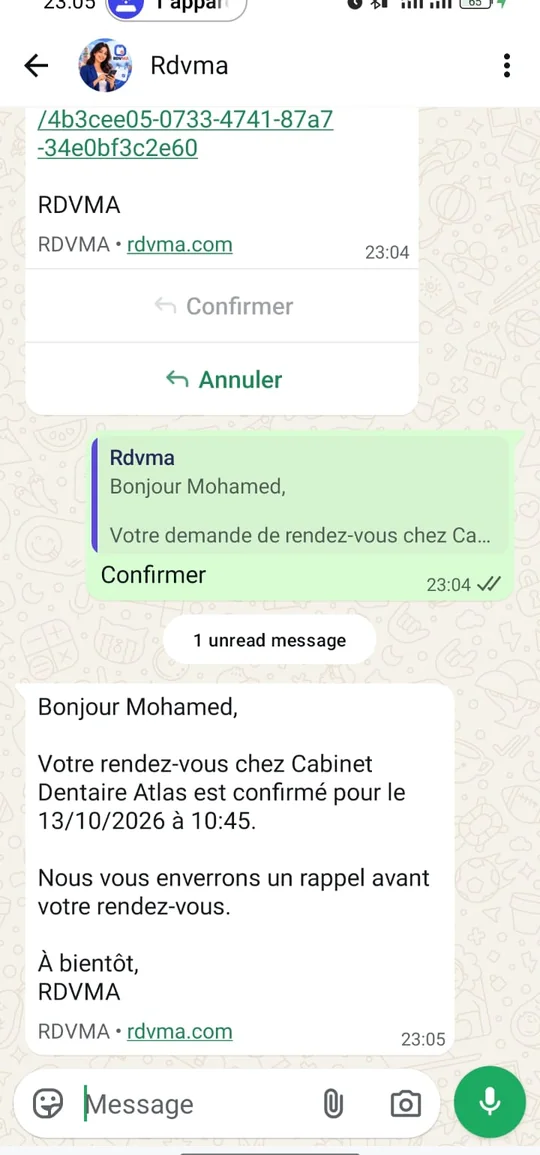 Confirmation WhatsApp RDVMA réelle