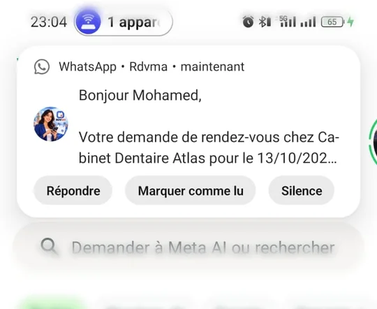 Notification WhatsApp RDVMA réelle