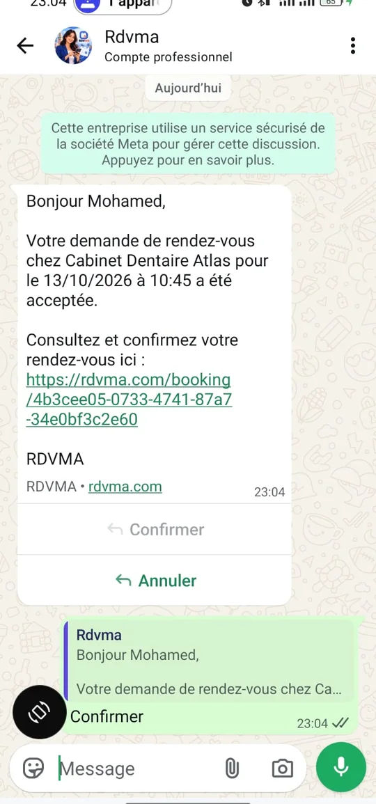 Validation WhatsApp RDVMA réelle